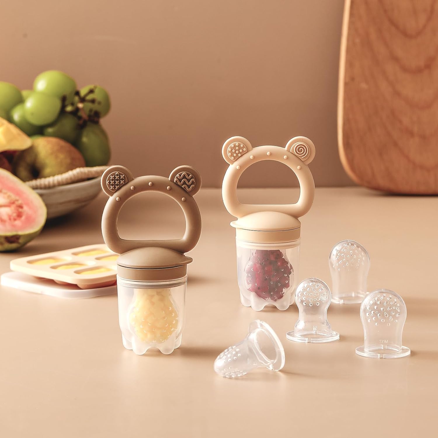 Skiennix Silicone Baby Fruit Feeder - 2 Pack with Mini Freezer Tray & Breastmilk Popsicle Molds for Teething Relief