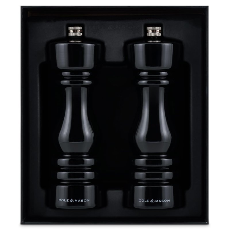 Cole & Mason H233098 London Black Gloss Salt and Pepper Mill Set, Precision+ Carbon/Ceramic Mechanisms, Salt and Pepper Grinders with Adjustable Grind, Beech Wood, 180mm, Gift Set