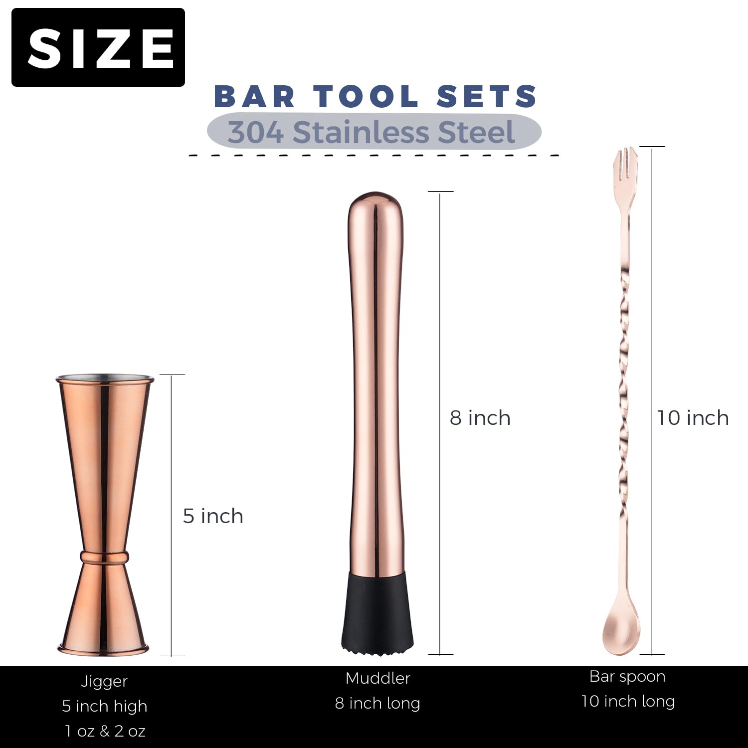 Gbuxska Rosegold Muddler for Cocktails, Matching Jigger and Bar Spoon with Bar Muddler - 3 Pcs Cocktail Muddler Set