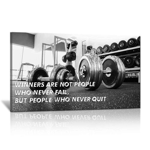 SkenoArt Gym Motivational Wall Art Winners are Those Who Never Quit Wall Decor Black and White Dumbbell Canvas Wall Art Fitness Posters for Home Gym Living Room Framed Stretched Ready To Hang 20"x36"