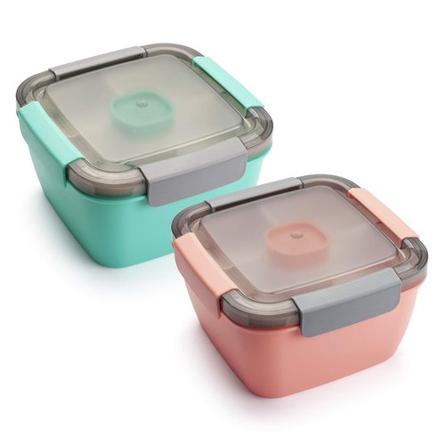 Freshmage Salad Lunch Containers To Go, 2 Pack 52-oz Bowls with 3 Compartments, Dressing Containers for Toppings, Snacks - Pink & Green