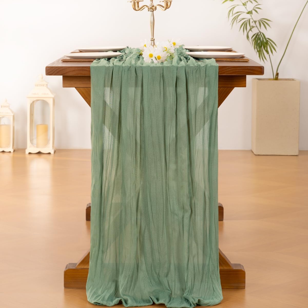Socomi Cheesecloth Table Runner - 3pcs Sage Green Boho Rustic Design | 120 Inch for Weddings & Events