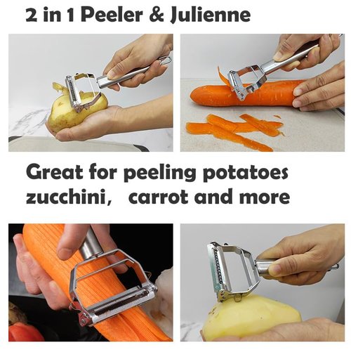 KEANVIK Multi Potato Peeler Double Blade for Kitchen, 2 in 1 Multifunctional Peeler & Julienne Set with Grating Plate Great for Fruit and Vegetable