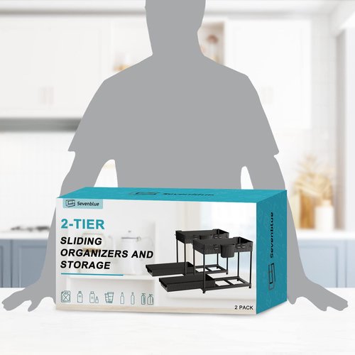Sevenblue 2 Pack Multi-Purpose Under Sink Organizers and Storage, 2026 Pull Out Cabinet Organizer for Bathroom & Kitchen, Under Cabinet Organizer with Hooks Hanging cup, Black