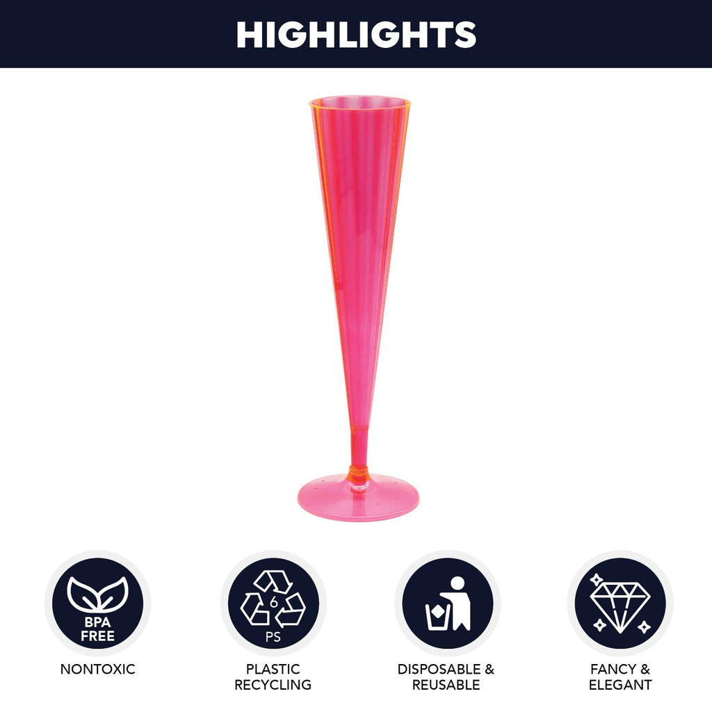 Party Essentials 20 Count Hard Plastic Twopiece 5 oz Champagne Flutes, Neon Pink