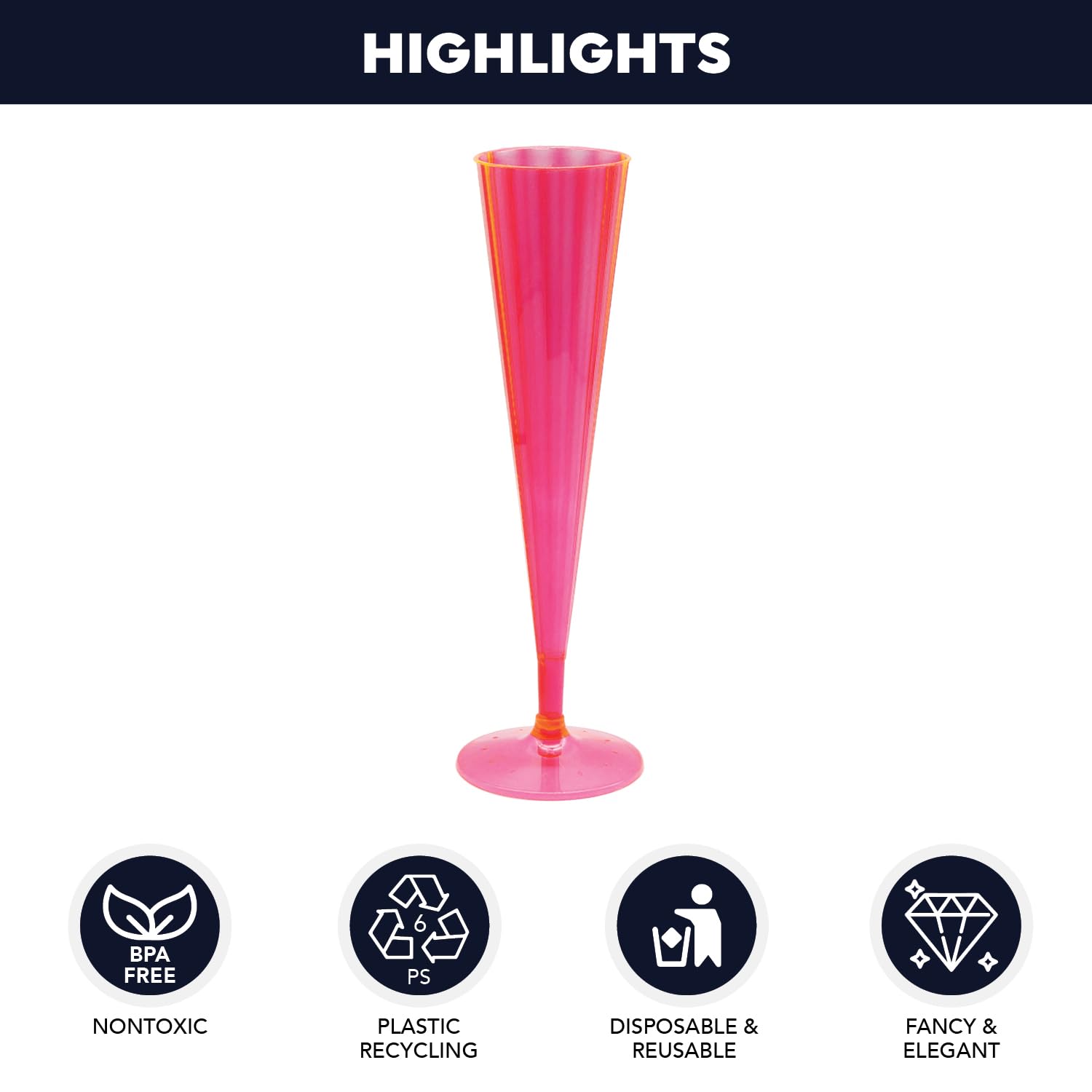Party Essentials 20 Count Hard Plastic Twopiece 5 oz Champagne Flutes, Neon Pink