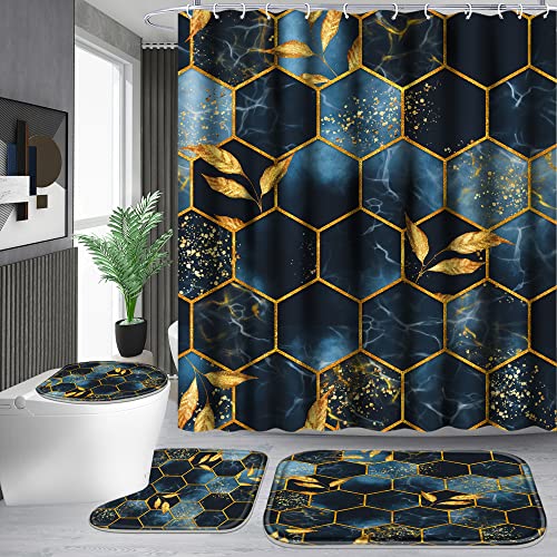 4-Piece Honeycomb Marble Shower Curtain Set with Non-Slip Bath Mat Rugs