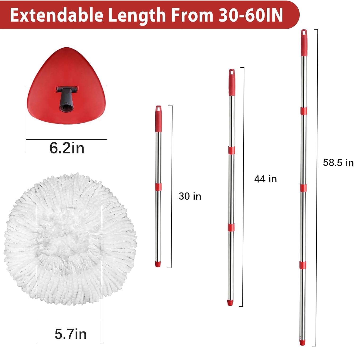 OCedar EasyWring Spin Mop Replacement Set - 2 Mop Heads, 1 Base & Adjustable Handle (30-58in) - White