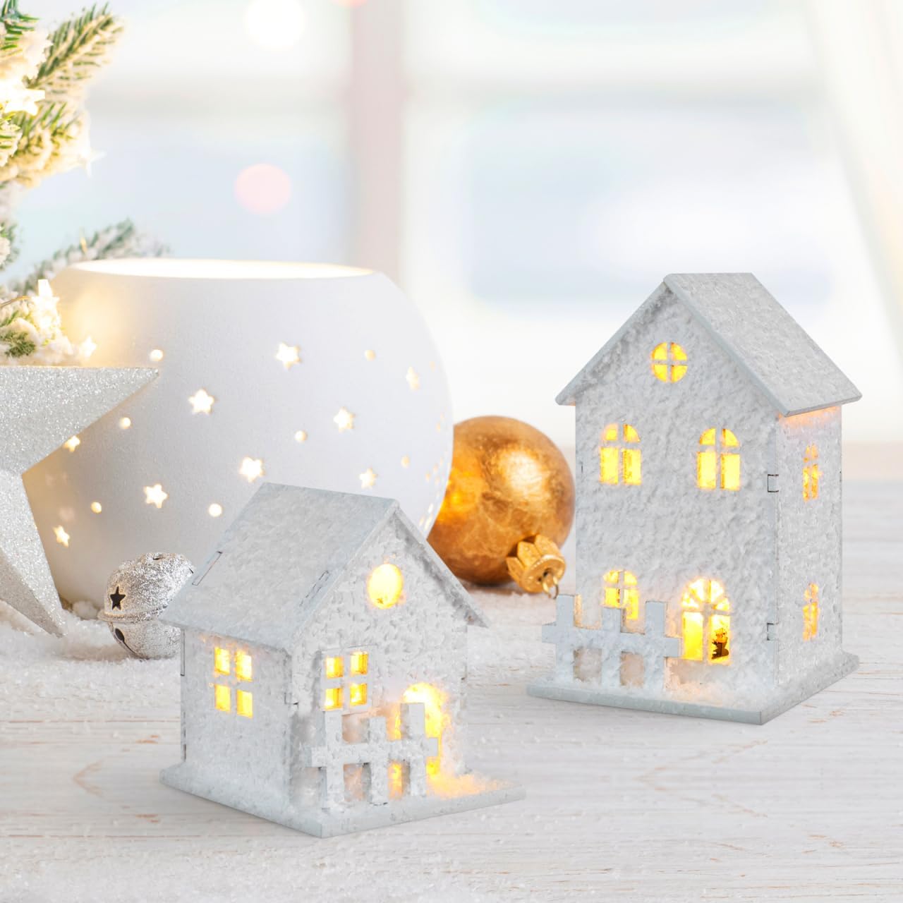 TOYANDONA LED Lighted Christmas Village Houses - 3-Piece Wooden Tabletop Decor Set