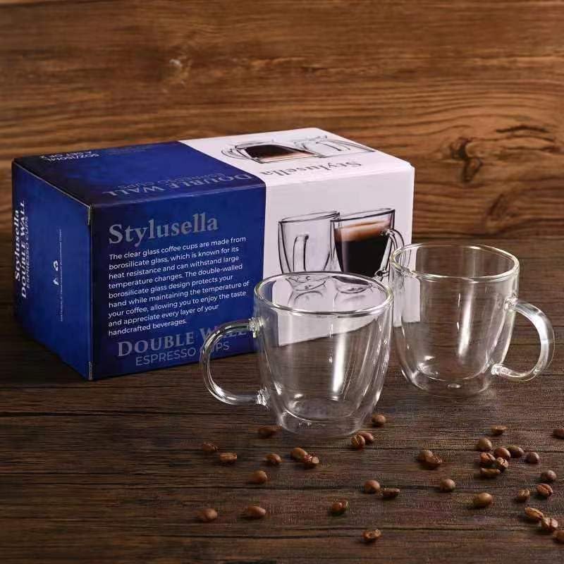 Double Wall Borosilicate Glass Coffee Mugs Set of 2 5oz Insulated Drinkware