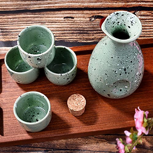 Large Cyan Ceramic Sake Set with Cork Stopper - Moss Green Speckled Drinkingware