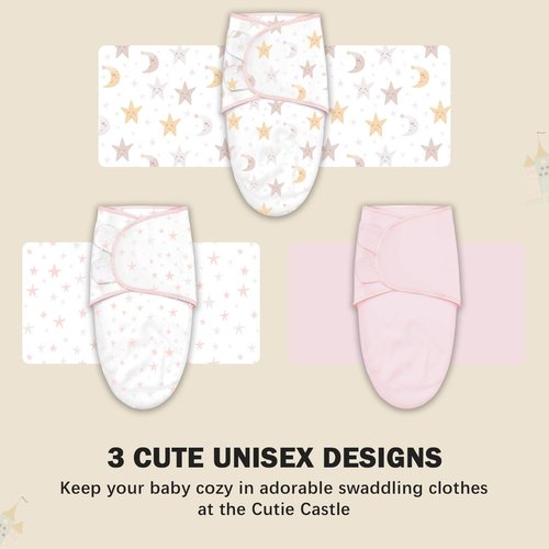 Cute Castle Baby Swaddle Sleep Sacks - Ergonomic Newborn Swaddle Blankets | 3-Pack (0-3 Months - Pink, Moon, Stars)