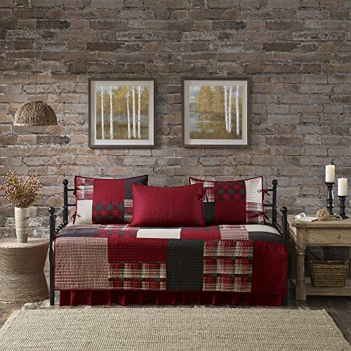 100% Cotton Daybed Cover Set - 5-Piece Cabin Patchwork Bedding, Sunset Red