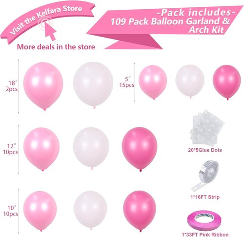 Kelfara Pink Balloon Garland Arch Kit - 109 Pcs Hot Pink & Pastel Latex Balloons | 18", 12", 10", 5" Sizes for Weddings & Parties