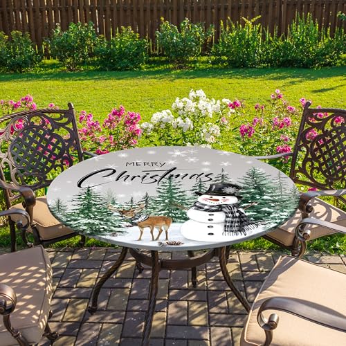 Kamoor 48" Round Elastic Christmas Tablecloth – Fitted Waterproof Snowman / Evergreen Pattern