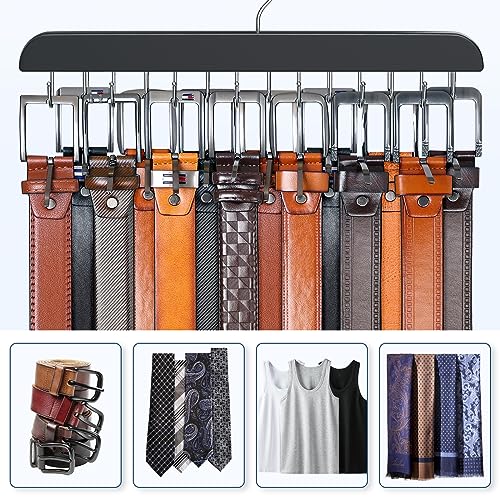 Wooden Belt Hanger for Closet Storage with 14 Hooks Black