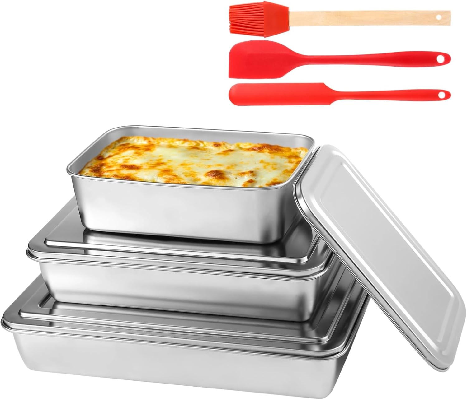 Skiennix Stainless Steel Cake Pan Set - 3 Pcs Non-Stick Baking Pans with Lids | 13/11/9 Inch Sizes
