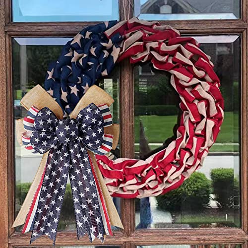 Patriotic Burlap Bow for Wreaths - Red White Blue Stars & Stripes Decor