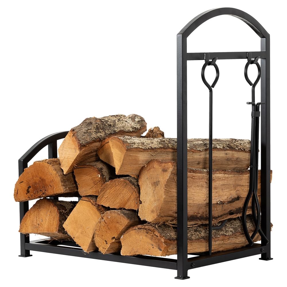Country Living Bishop Creek 24 Inch Metal Indoor Firewood Log Holder with Log Poker and Tongs - Securely Holds 15+ Cut Logs