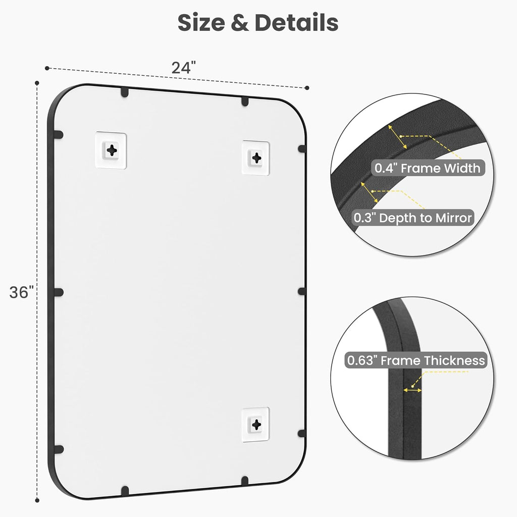 Regine Switzerland 24x36 Inch Matte Black Bathroom Vanity Mirrors - Flush Mount Deep Set Metal Design, HD Shatterproof Glass