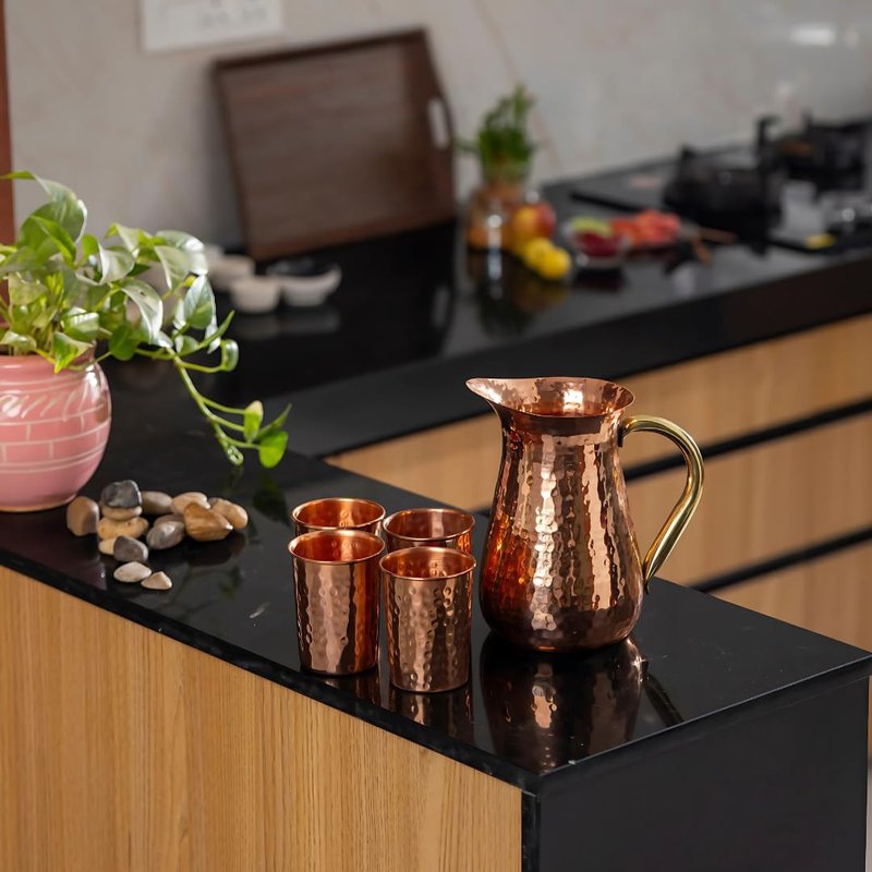 POSHGRAM Copper Pitcher Handcrafted Excellence, Hammered Texture Copper Water Pitcher with Sturdy Handle, Set of 4 Glasses for Everybody, Capacity of jug -1.25 L and Capacity of each glass -250ml