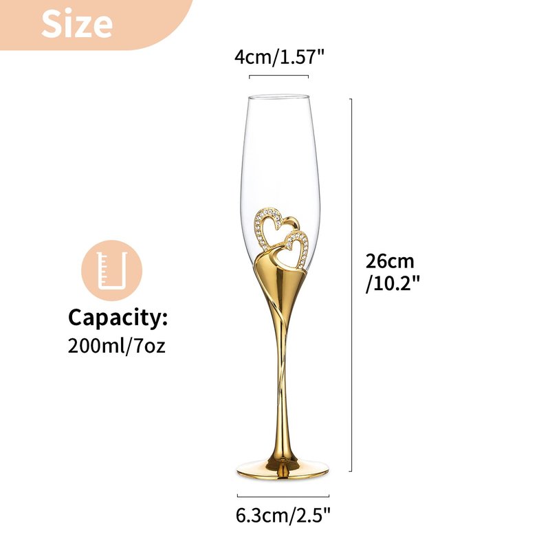 NUPTIO Champagne Flutes Wedding Gifts: Gold Toasting Glasses for Bride and Groom Heart Wine Cups Crystal Flute Anniversary Engagement Gift for Couples Hostess Mr Mrs 6.76oz
