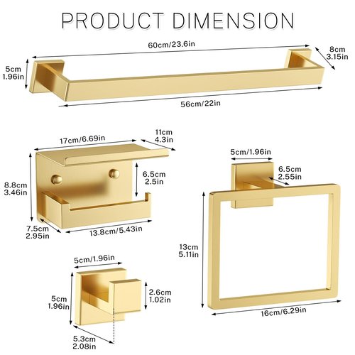5-Piece Bathroom Hardware Set Brushed Gold Towel Bar Set,Stainless Steel Towel Holder Set for Bathroom,Wall-Mounted Towel Rack Set 23.6in