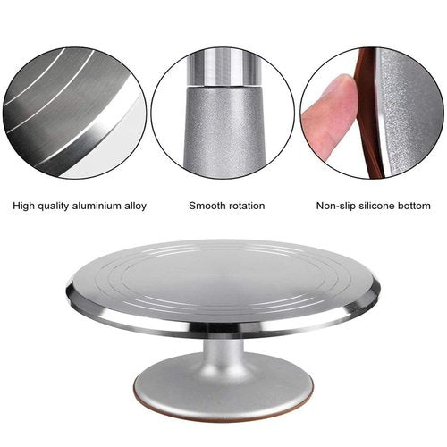 Cake Decorating Turntable,Cake Decorating Supplies with Decorating Comb/Icing Smoother(3pcs),2 Icing Spatula with Sided & Angled … (Silver 12 In)