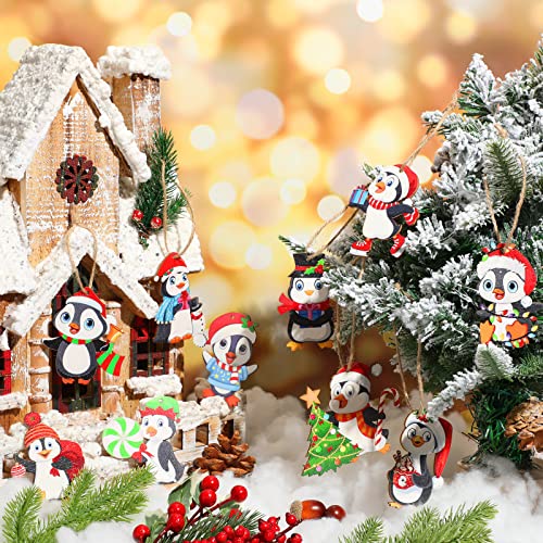 Penguin Christmas Tree Ornaments 48-Pack Wooden Decorations with Rope