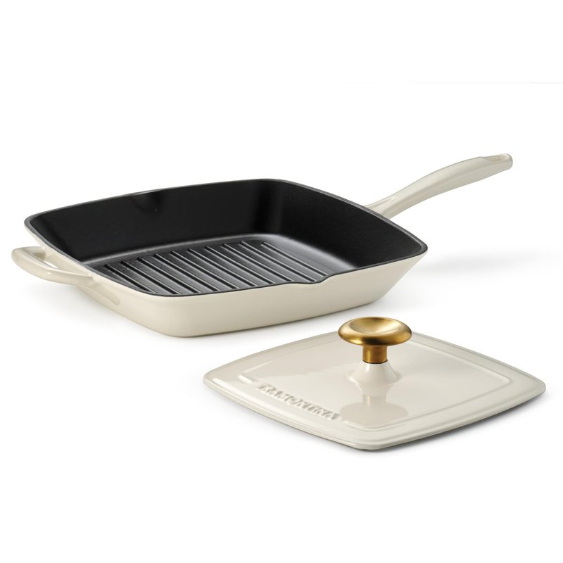 Tramontina Bestow Enameled Cast Iron Skillet with Lid, 10-inch Frying Pan, Latte with Gold Knob