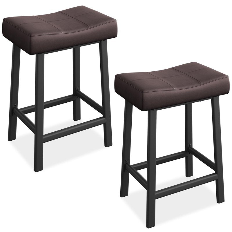 IDEALHOUSE 24 Inch Backless Saddle Barstools Set of 2, Counter Height Upholstered Padded Barstools with Curved Surface, Metal Leg and Footrest, for Kitchen Counter, Home Bar (Brown, 24 inch-Set of 2)