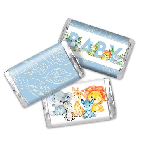 Amanda Creation Watercolor Jungle Animals Boy Baby Sprinkle Baby Shower Mini Chocolate Candy Bar Sticker Wrappers, 45 1.4" x 2.6" Wrap Around Labels, Great for Party Favors