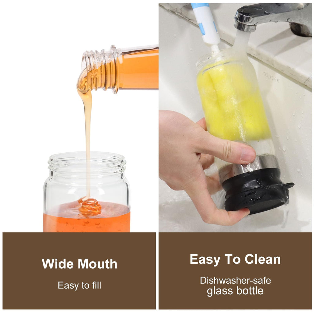 YIK TUNG 12 Oz Glass Honey Dispenser Pot with Silicone Base No Drip Honey Container Jar, Maple Syrup Dispenser with Handle for Pancake, Coffee or Tea Black