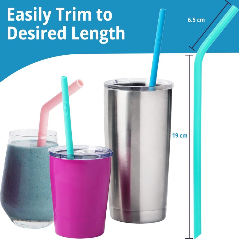 Premium Bent Silicone Reusable Straws, Set of 10 with Cleaning Brush - Flexible, Long, Colorful, Bendy Reusable Straws for 20oz to 32oz Tumblers and Smoothie Cups - Dishwasher Safe and Easy to Clean