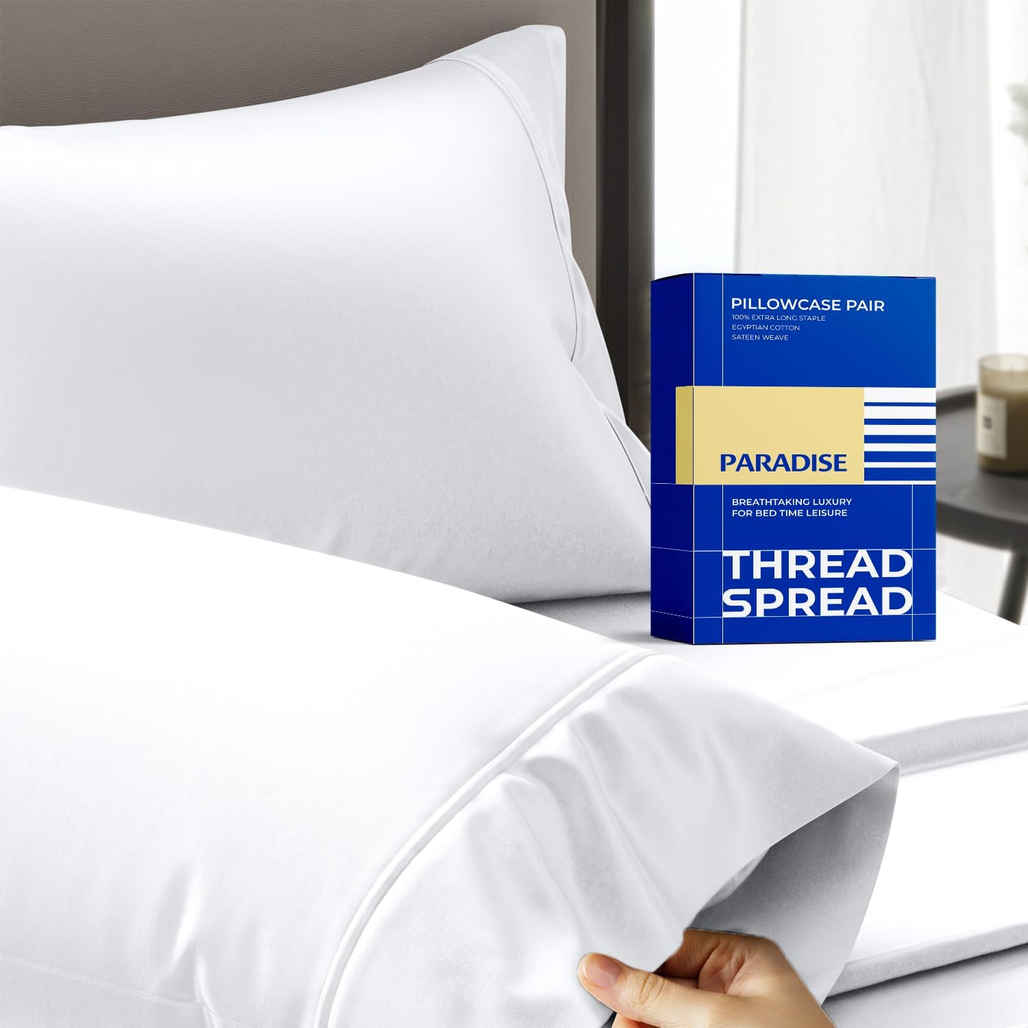 Thread Spread 100% Egyptian Cotton Pillow Cases - Luxury Queen Size Set of 2 | Soft Cooling Sateen (White)