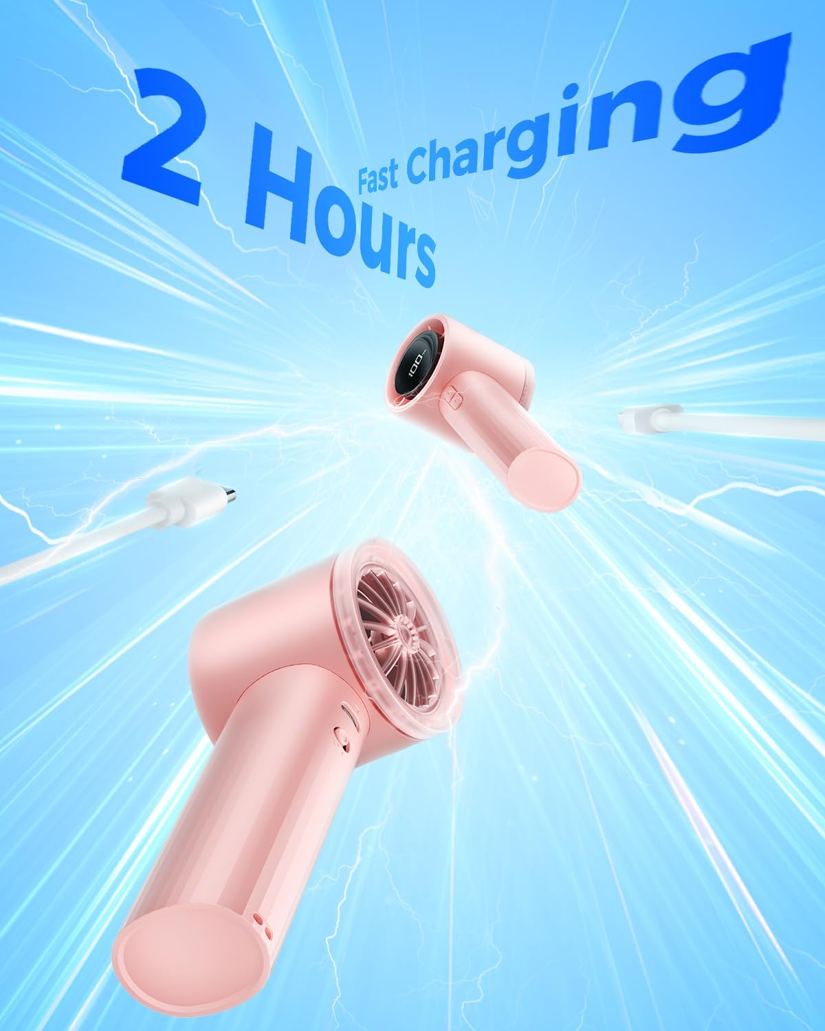 Sweetfull Portable Handheld Fan - Rechargeable Mini Turbo Fan with Flashlight & Digital Display (Pink)