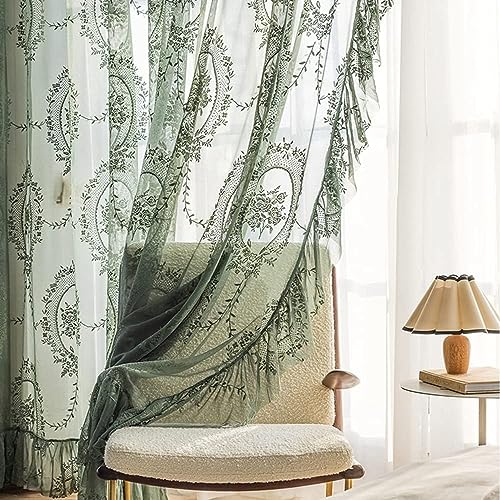 Lace Sheer Curtains with Scallop Ruffle - 70 Inch Vintage Floral Panels - 2 Pack