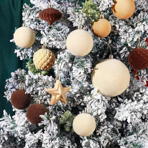 Hollowfly 95-Piece Velvet Christmas Ornament Set in Coffee Brown Beige – Includes 48 Velvet Balls, 12 Glitter Berry Stems, 12 Flocking Bows, 12 Lantern Balls, 10 Stars, Top Star
