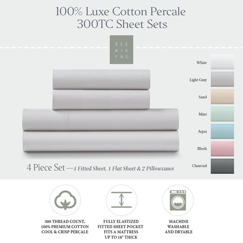 Ella Jayne Percale Sheets Full (4 Pieces) Permium 100% Cotton Percale TC300, Hotel Luxury Collection, Deep Pockets and Cooling Cotton Percale Sheets Full (Light Grey)