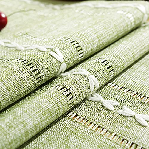 Chassic Hemstitched Sage Green 13"W x 48"L Linen Table Runner - Rustic Farmhouse, Tassel Embroidered
