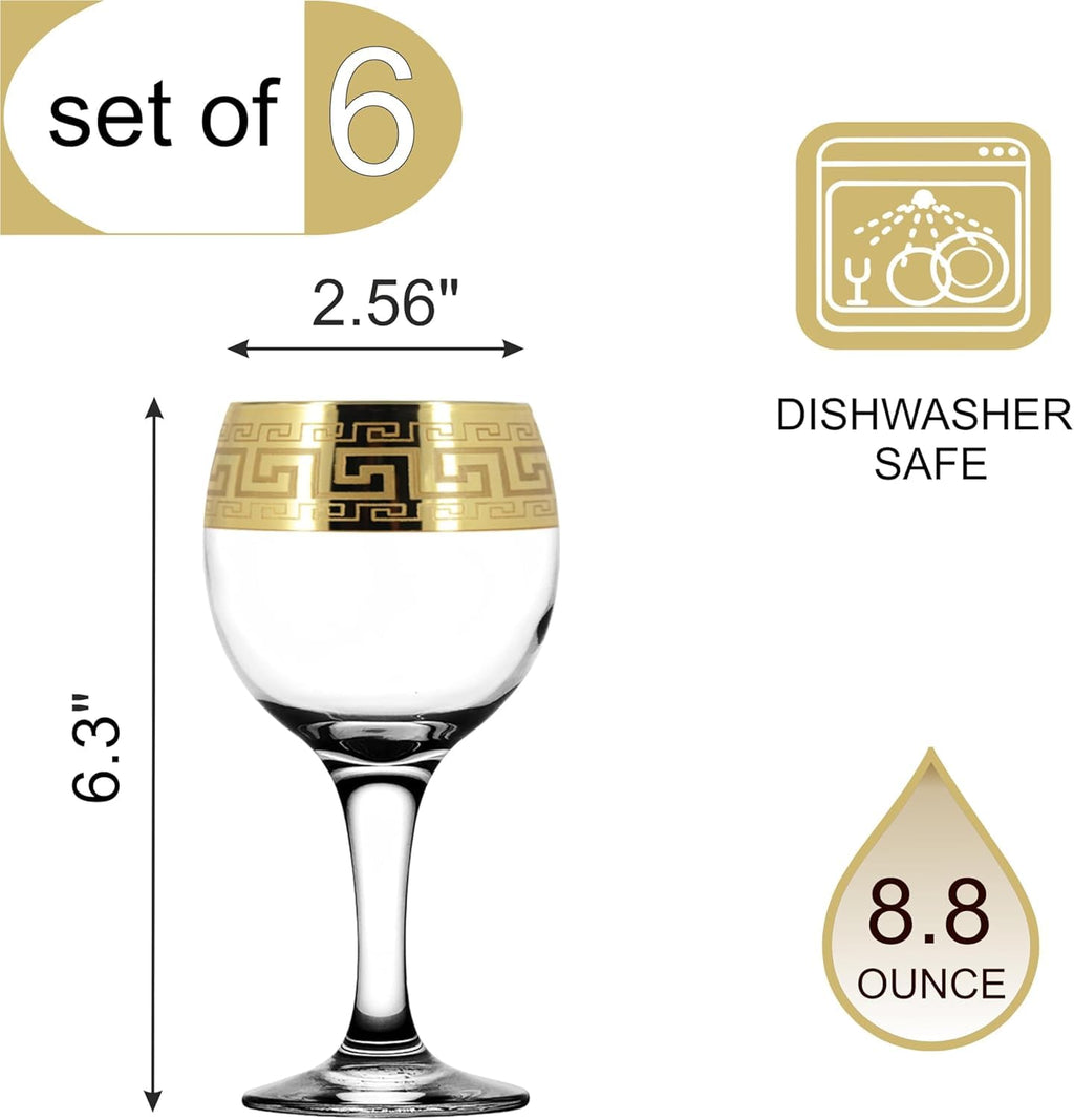 World Gifts Gold Rimmed Wine Goblet 6-piece Glass Set Greek Key Pattern Contemporary Drinkware
