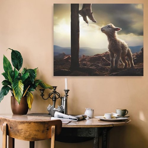 Jesus and Lamb Canvas Wall Art - The Sacrifice of Jesus | Religious Christian Home Decor 8x10