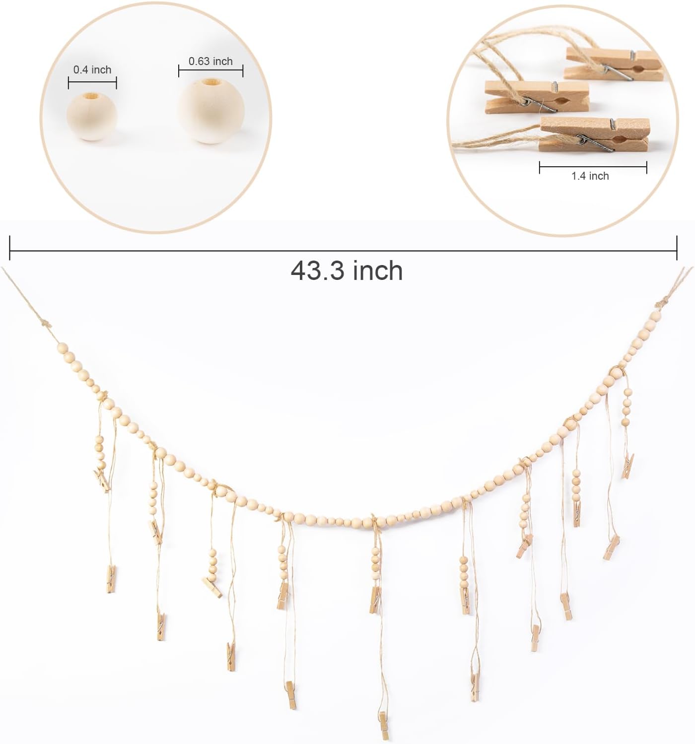 Skiennix Hanging Photo Display - 18 Wood Clips for Boho Wall Décor | Perfect for Bedroom & Living Room