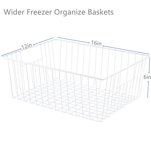 16" L x 12" W Wider Freezer Storage Organizer Baskets Container, Deep Metal Wire Chest Upright Refrigerator Divider Bins with Built-in Handles for Cabinet, Pantry, Closet, Kitchen, Pearl White