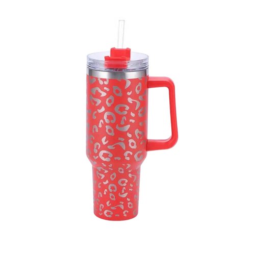Lashicorn 40 Oz. Tumbler with Handle and Straw Red Leopard Silver 10” tall Cup lid included Insulated Stainless Steel Vacuum Travel Mug Boutique Cheetah Print
