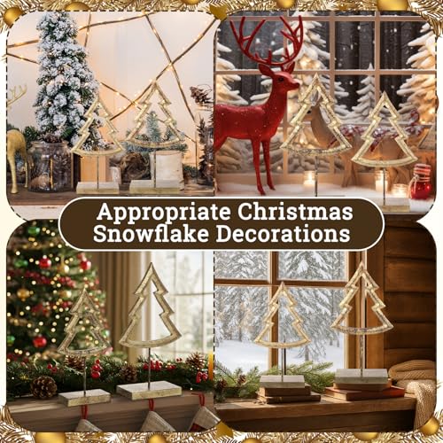 2 Pcs Wooden Christmas Tree Table Decor Rustic Gold Xmas Tree Tabletop Signs and Centerpiece Winter Wood Tall Standing Block Christmas Centerpieces for Home Party Table Shelf Decorations