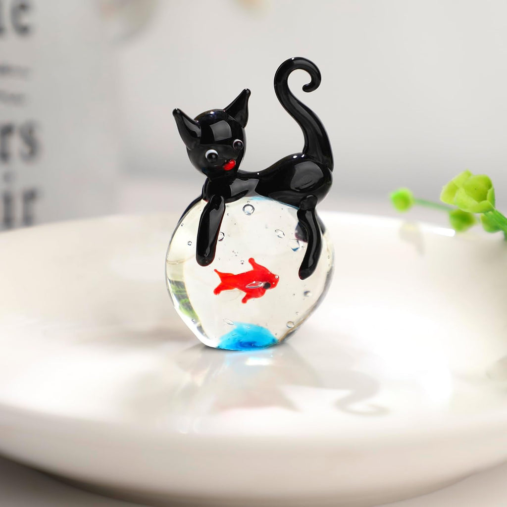 QFkris Black Cat Figurine - Mini Blown Glass Sculpture | 1.6" Collectible Art for Home Decor & Gifts