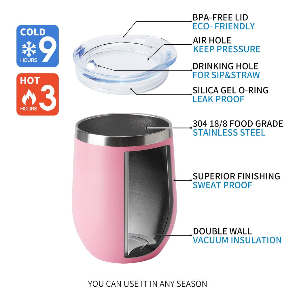 HASLE OUTFITTERS 12oz Wine Tumbler with Lid Stemless Wine Glasses Double Wall Vacuum Travel Mugs stainless steel Coffee Cup for Cold & Hot Drinks Wine Coffee Cocktails Beer 12 Pack Pink