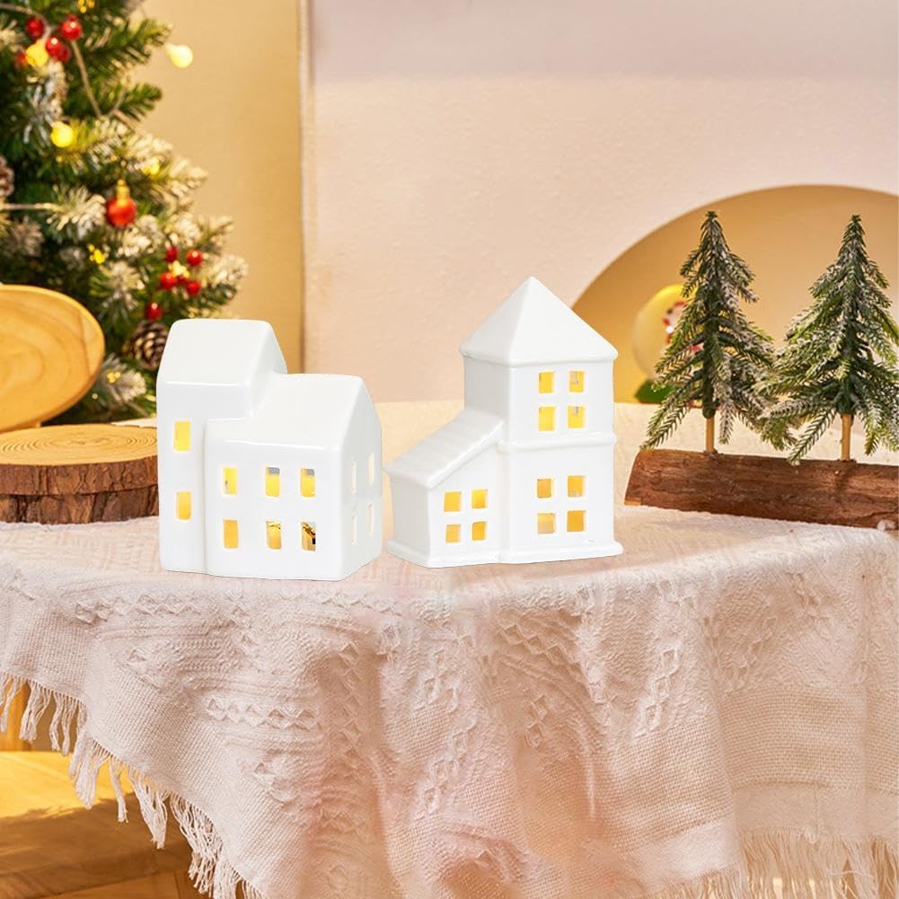 Regine Switzerland Christmas Village Houses - Illuminated White Ceramic Set with Remote Control | Rustic Holiday Decor for Tabletop Display