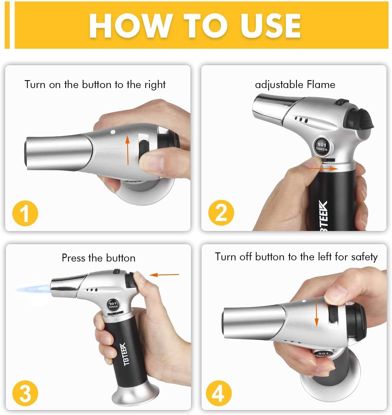 TBTeek Torch Lighter - Adjustable Flame Kitchen Torch with Butane Fuel Refill & Safety Lock | Ideal for Cooking, BBQ, Baking, DIY